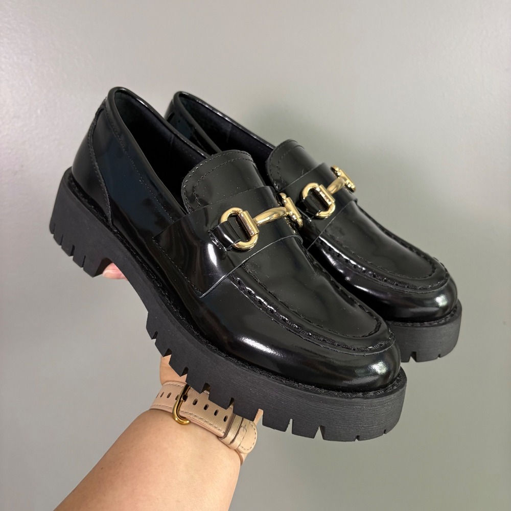 NWOB Steve Madden Lando Loafers 6M Black Patent Leather Lug Platform Horse‎ Bit